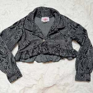 Citralis Black and White Plaid Floral Print Cropped Ruffle Jacket